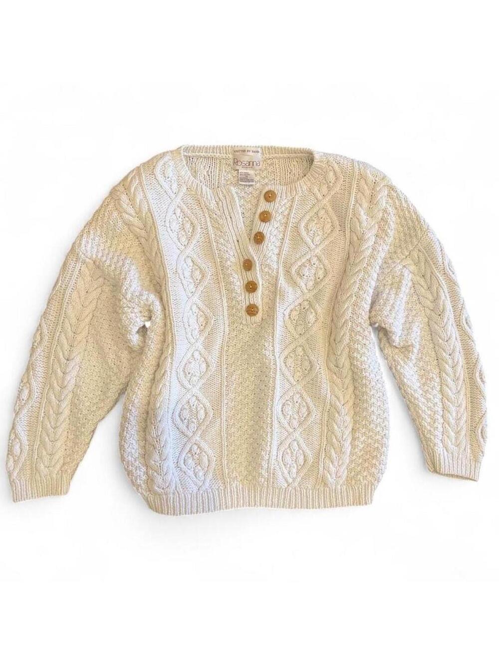 Vintage 80s Hand Knit Aran Cable Sweater Ramie Cotton Henley Cream 1X